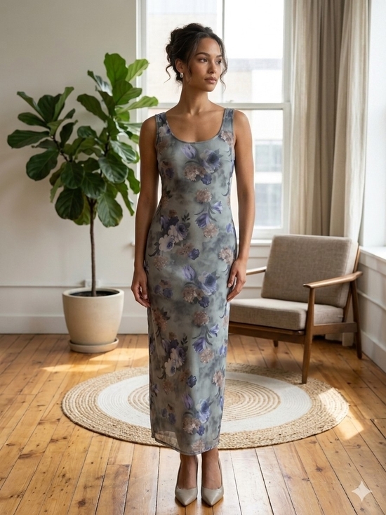 Source Unknown Dresses & Skirts - Vintage 90s Scoop-Neck Floral Maxi Dress Sage Blue Whimsigoth Grunge Gothic S/M